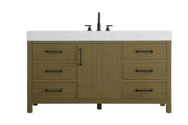 Dimensions
Length: 60"
Width: 22"
Height: 34"
Counter Top Length: 60"
Counter Top Width: 22"
Counter Top Height: 4"
Sink Width: 17.13"
Sink Depth: 11.61"
Sink Height: 7"
Sink Drain Hole Size: 1.75"
Faucet Hole Spacing: 8"3 Holes"
Specifications
Assembly Required: No
Base Material: Solid wood and MDF
Counter Top Edge Style: straight
Counter Top Finish: marble white
Distressed Finish: No
Drain Assembly Included: No
Faucet Included: No
Finish (Color): Chestnut Brown
Vanity Material: Solid Wood and MDF
Hardware Finish: black
Harware Material: Aluminum alloy
Number of Faucet Holes: 3
Number of Sinks: 1
Product Shape: Rectangle
Product Type: Bathroom Vanities
Product Warranty: 1 year limited
Sink Mounting Type: Undermount
Vanity Backsplash: NO
Vanity Mounting Type: Free-Standing
308
Wire Included: No
Wood Type: Rubber wood
Shipment type: LTL
US Shipping Cost: $261.00
Drawers
Drawers Included: yes
Number of Drawers: 6
False Drawers: no
Drawer Width: 17.875
Drawer Depth: 15.125
Drawer Height: 7.125
Drawer Handle Designs: Bar pulls
Shelves
Number of Shelves: 1
Shelf Width: 18.625
Cabinets
Number of Cabinets: 1
Cabinet Interior Width: 18.625
Cabinet Interior Depth: 17.875
Cabinet Interior Height: 22.375