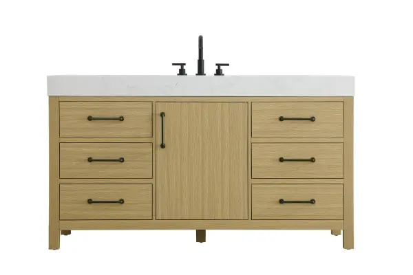 Dimensions
Length: 60"
Width: 22"
Height: 34"
Counter Top Length: 60"
Counter Top Width: 22"
Counter Top Height: 4"
Sink Width: 17.13"
Sink Depth: 11.61"
Sink Height: 7"
Sink Drain Hole Size: 1.75"
Faucet Hole Spacing: 8"3 Holes"
Specifications
Assembly Required: No
Base Material: Solid wood and MDF
Counter Top Edge Style: straight
Counter Top Finish: marble white
Distressed Finish: No
Drain Assembly Included: No
Faucet Included: No
Finish (Color): Honey Brown
Vanity Material: Solid Wood and MDF
Hardware Finish: black
Harware Material: Aluminum alloy
Number of Faucet Holes: 3
Number of Sinks: 1
Product Shape: Rectangle
Product Type: Bathroom Vanities
Product Warranty: 1 year limited
Sink Mounting Type: Undermount
Vanity Backsplash: NO
Vanity Mounting Type: Free-Standing
308
Wire Included: No
Wood Type: Rubber wood
Shipment type: LTL
US Shipping Cost: $261.00
Drawers
Drawers Included: yes
Number of Drawers: 6
False Drawers: no
Drawer Width: 17.875
Drawer Depth: 15.125
Drawer Height: 7.125
Drawer Handle Designs: Bar pulls
Shelves
Number of Shelves: 1
Shelf Width: 18.625
Cabinets
Number of Cabinets: 1
Cabinet Interior Width: 18.625
Cabinet Interior Depth: 17.875
Cabinet Interior Height: 22.375