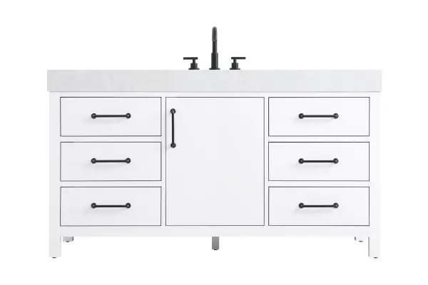This bathroom vanity offers a clean-lined design, perfect for modern and minimalistic spaces. The bright white finish enhances the overall brightness of the room, creating a fresh and airy feel. The central drawers and symmetrical cabinet doors create a sense of balance and structure. Matte black hardware offers a bold contrast to the white finish, reinforcing the modern aesthetic while maintaining a timeless appeal. The thick engineered marble countertop adds a sturdy, minimalist element, with its clean white surface further elevating the overall sophistication of the vanity. This piece is a perfect marriage of style and practicality, effortlessly complementing both modern and transitional bathroom designs. This vanity is delivered fully assembled and equipped with foot levelers for effortless installation and stability. Combining practicality and bold design, this vanity is UPC certified and ready to transform your bathroom space. Collection: Nathan Rooms: bathroom Finish: White Width: 22.00" Height: 34.00" Length: 60.00" Weight: 286.00 lb Material: Solid wood and MDF Country of Origin: Vietnam Manufacturer Warranty: 1 year limited