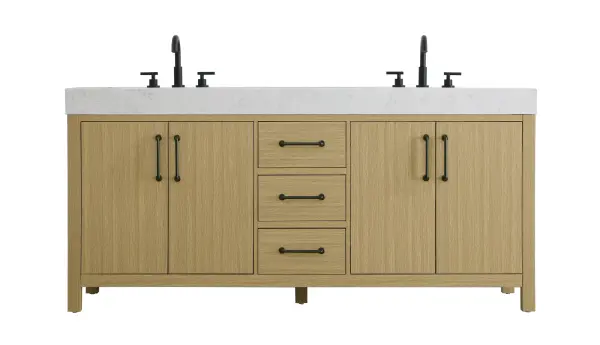 Dimensions
Length: 72"
Width: 22"
Height: 34"
Counter Top Length: 72"
Counter Top Width: 22"
Counter Top Height: 4"
Sink Width: 17.13"
Sink Depth: 11.61"
Sink Height: 7"
Sink Drain Hole Size: 1.75"
Faucet Hole Spacing: 8"3 Holes"
Specifications
Assembly Required: No
Base Material: Solid wood and MDF
Counter Top Edge Style: straight
Counter Top Finish: marble white
Distressed Finish: No
Drain Assembly Included: No
Faucet Included: No
Finish (Color): Honey Brown
Vanity Material: Solid Wood and MDF
Hardware Finish: black
Harware Material: Aluminum alloy
Number of Faucet Holes: 6
Number of Sinks: 2
Product Shape: Rectangle
Product Type: Bathroom Vanities
Product Warranty: 1 year limited
Sink Mounting Type: Undermount
Vanity Backsplash: NO
Vanity Mounting Type: Free-Standing
317
Wire Included: No
Wood Type: Rubber wood
Shipment type: LTL
US Shipping Cost: $309.00
Drawers
Drawers Included: yes
Number of Drawers: 3
False Drawers: no
Drawer Width: 13.5
Drawer Depth: 15.125
Drawer Height: 7.125
Drawer Handle Designs: Bar pulls
Shelves
Number of Shelves: 2
Shelf Width: 26.5
Cabinets
Number of Cabinets: 2
Cabinet Interior Width: 26.5
Cabinet Interior Depth: 17.875
Cabinet Interior Height: 22.375
