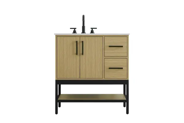 Dimensions
Width: 32"
Height: 22"
Depth: 34"
Counter Top Length: 32"
Counter Top Width: 22"
Counter Top Height: 0.75"
Sink Width: 17.13"
Sink Depth: 11.61"
Sink Height: 7"
Sink Drain Hole Size: 1.75"
Faucet Hole Spacing: 8"3 Holes"
Specifications
Assembly Required: No
Base Material: Solid wood and MDF and Metal
Counter Top Edge Style: straight
Counter Top Finish: marble white
Distressed Finish: No
Drain Assembly Included: No
Faucet Included: No
Faucet Type: Widespread
Finish (Color): Honey Brown
Vanity Material: Solid Wood and MDF
Hardware Finish: black
Harware Material: Aluminum alloy
Number of Faucet Holes: 3
Number of Sinks: 1
Product Shape: Rectangle
Product Type: Bathroom Vanities
Product Warranty: 1 year limited
Sink Mounting Type: Undermount
Vanity Backsplash: NO
Vanity Mounting Type: Free-Standing
139
Wire Included: No
Wood Type: Rubber wood
Shipment type: Oversized Ground
US Shipping Cost: $142.00
Drawers
Drawers Included: yes
Number of Drawers: 2
False Drawers: no
Drawer Width: 9.625
Drawer Depth: 15.125
Drawer Height: 8.375
Drawer Handle Designs: Bar pulls
Shelves
Number of Shelves: 1
Shelf Width: 29.125
Cabinets
Number of Cabinets: 1
Cabinet Interior Width: 19.25
Cabinet Interior Depth: 21.5
Cabinet Interior Height: 19