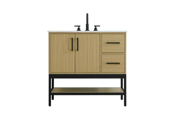Dimensions
Width: 36"
Height: 22"
Depth: 34"
Counter Top Length: 36"
Counter Top Width: 22"
Counter Top Height: 0.75"
Sink Width: 17.13"
Sink Depth: 11.61"
Sink Height: 7"
Sink Drain Hole Size: 1.75"
Faucet Hole Spacing: 8"3 Holes"
Specifications
Assembly Required: No
Base Material: Solid wood and MDF and Metal
Counter Top Edge Style: straight
Counter Top Finish: marble white
Distressed Finish: No
Drain Assembly Included: No
Faucet Included: No
Faucet Type: Widespread
Finish (Color): Honey Brown
Vanity Material: Solid Wood and MDF
Hardware Finish: black
Harware Material: Aluminum alloy
Number of Faucet Holes: 3
Number of Sinks: 1
Product Shape: Rectangle
Product Type: Bathroom Vanities
Product Warranty: 1 year limited
Sink Mounting Type: Undermount
Vanity Backsplash: NO
Vanity Mounting Type: Free-Standing
152
Wire Included: No
Wood Type: Rubber wood
Shipment type: LTL
US Shipping Cost: $161.00
Drawers
Drawers Included: yes
Number of Drawers: 2
False Drawers: no
Drawer Width: 10.5
Drawer Depth: 15.125
Drawer Height: 8.375
Drawer Handle Designs: Bar pulls
Shelves
Number of Shelves: 1
Shelf Width: 33.125
Cabinets
Number of Cabinets: 1
Cabinet Interior Width: 22.25
Cabinet Interior Depth: 21.5
Cabinet Interior Height: 19