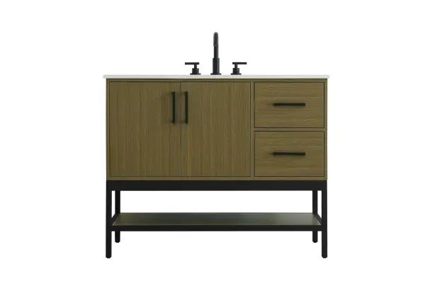 Dimensions
Width: 42"
Height: 22"
Depth: 34"
Counter Top Length: 42"
Counter Top Width: 22"
Counter Top Height: 0.75"
Sink Width: 17.13"
Sink Depth: 11.61"
Sink Height: 7"
Sink Drain Hole Size: 1.75"
Faucet Hole Spacing: 8"3 Holes"
Specifications
Assembly Required: No
Base Material: Solid wood and MDF and Metal
Counter Top Edge Style: straight
Counter Top Finish: marble white
Distressed Finish: No
Drain Assembly Included: No
Faucet Included:
Faucet Type: Widespread
Finish (Color): Chestnut Brown
Vanity Material: Solid Wood and MDF
Hardware Finish: black
Harware Material: Aluminum alloy
Number of Faucet Holes: 3
Number of Sinks: 1
Product Shape: Rectangle
Product Type: Bathroom Vanities
Product Warranty: 1 year limited
Sink Mounting Type: Undermount
Vanity Backsplash: NO
Vanity Mounting Type: Free-Standing
172
Wire Included: No
Wood Type: Rubber wood
Shipment type: LTL
US Shipping Cost: $184.00
Drawers
Drawers Included: yes
Number of Drawers: 2
False Drawers: no
Drawer Width: 12.875
Drawer Depth: 15.125
Drawer Height: 8.375
Drawer Handle Designs: Bar pulls
Shelves
Number of Shelves: 1
Shelf Width: 39.125
Cabinets
Number of Cabinets: 1
Cabinet Interior Width: 26
Cabinet Interior Depth: 21.5
Cabinet Interior Height: 19