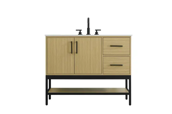 Dimensions
Width: 42"
Height: 22"
Depth: 34"
Counter Top Length: 42"
Counter Top Width: 22"
Counter Top Height: 0.75"
Sink Width: 17.13"
Sink Depth: 11.61"
Sink Height: 7"
Sink Drain Hole Size: 1.75"
Faucet Hole Spacing: 8"3 Holes"
Specifications
Assembly Required: No
Base Material: Solid wood and MDF and Metal
Counter Top Edge Style: straight
Counter Top Finish: marble white
Distressed Finish: No
Drain Assembly Included: No
Faucet Included: No
Faucet Type: Widespread
Finish (Color): Honey Brown
Vanity Material: Solid Wood and MDF
Hardware Finish: black
Harware Material: Aluminum alloy
Number of Faucet Holes: 3
Number of Sinks: 1
Product Shape: Rectangle
Product Type: Bathroom Vanities
Product Warranty: 1 year limited
Sink Mounting Type: Undermount
Vanity Backsplash: NO
Vanity Mounting Type: Free-Standing
172
Wire Included: No
Wood Type: Rubber wood
Shipment type: LTL
US Shipping Cost: $184.00
Drawers
Drawers Included: yes
Number of Drawers: 2
False Drawers: no
Drawer Width: 12.875
Drawer Depth: 15.125
Drawer Height: 8.375
Drawer Handle Designs: Bar pulls
Shelves
Number of Shelves: 1
Shelf Width: 39.125
Cabinets
Number of Cabinets: 1
Cabinet Interior Width: 26
Cabinet Interior Depth: 21.5
Cabinet Interior Height: 19