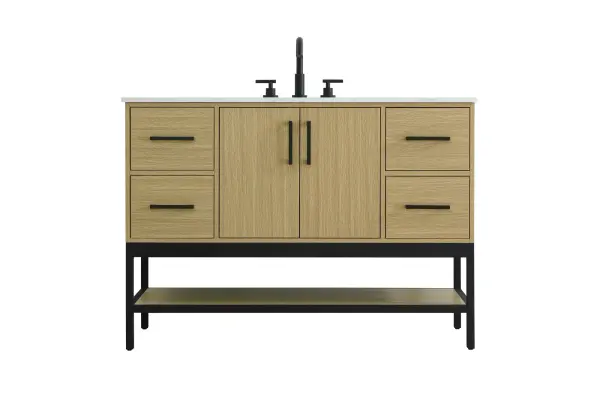 Dimensions
Width: 48"
Height: 22"
Depth: 34"
Counter Top Length: 48"
Counter Top Width: 22"
Counter Top Height: 0.75"
Sink Width: 17.13"
Sink Depth: 11.61"
Sink Height: 7"
Sink Drain Hole Size: 1.75"
Faucet Hole Spacing: 8"3 Holes"
Specifications
Assembly Required: No
Base Material: Solid wood and MDF and Metal
Counter Top Edge Style: straight
Counter Top Finish: marble white
Distressed Finish: No
Drain Assembly Included: No
Faucet Included: No
Faucet Type: Widespread
Finish (Color): Honey Brown
Vanity Material: Solid Wood and MDF
Hardware Finish: black
Harware Material: Aluminum alloy
Number of Faucet Holes: 3
Number of Sinks: 1
Product Shape: Rectangle
Product Type: Bathroom Vanities
Product Warranty: 1 year limited
Sink Mounting Type: Undermount
Vanity Backsplash: NO
Vanity Mounting Type: Free-Standing
211
Wire Included: No
Wood Type: Rubber wood
Shipment type: LTL
US Shipping Cost: $207.00
Drawers
Drawers Included: yes
Number of Drawers: 4
False Drawers: no
Drawer Width: 11.125
Drawer Depth: 15.125
Drawer Height: 8.375
Drawer Handle Designs: Bar pulls
Shelves
Number of Shelves: 1
Shelf Width: 45.125
Cabinets
Number of Cabinets: 1
Cabinet Interior Width: 21.75
Cabinet Interior Depth: 21.5
Cabinet Interior Height: 19