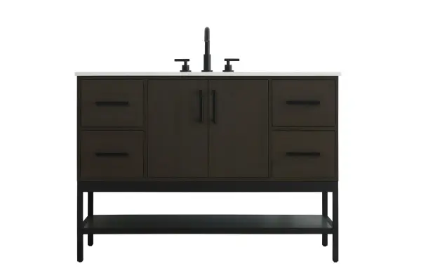 Dimensions
Width: 48"
Height: 22"
Depth: 34"
Counter Top Length: 48"
Counter Top Width: 22"
Counter Top Height: 0.75"
Sink Width: 17.13"
Sink Depth: 11.61"
Sink Height: 7"
Sink Drain Hole Size: 1.75"
Faucet Hole Spacing: 8"3 Holes"
Specifications
Assembly Required: No
Base Material: Solid wood and MDF and Metal
Counter Top Edge Style: straight
Counter Top Finish: marble white
Distressed Finish: No
Drain Assembly Included: No
Faucet Included: No
Faucet Type: Widespread
Finish (Color): Mocha Brown
Vanity Material: Solid Wood and MDF
Hardware Finish: black
Harware Material: Aluminum alloy
Number of Faucet Holes: 3
Number of Sinks: 1
Product Shape: Rectangle
Product Type: Bathroom Vanities
Product Warranty: 1 year limited
Sink Mounting Type: Undermount
Vanity Backsplash: NO
Vanity Mounting Type: Free-Standing
211
Wire Included: No
Wood Type: Rubber wood
Shipment type: LTL
US Shipping Cost: $207.00
Drawers
Drawers Included: yes
Number of Drawers: 4
False Drawers: no
Drawer Width: 11.125
Drawer Depth: 15.125
Drawer Height: 8.375
Drawer Handle Designs: Bar pulls
Shelves
Number of Shelves: 1
Shelf Width: 45.125
Cabinets
Number of Cabinets: 1
Cabinet Interior Width: 21.75
Cabinet Interior Depth: 21.5
Cabinet Interior Height: 19