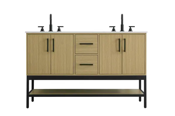 Dimensions
Width: 54"
Height: 22"
Depth: 34"
Counter Top Length: 54"
Counter Top Width: 22"
Counter Top Height: 0.75"
Sink Width: 17.13"
Sink Depth: 11.61"
Sink Height: 7"
Sink Drain Hole Size: 1.75"
Faucet Hole Spacing: 8"3 Holes"
Specifications
Assembly Required: No
Base Material: Solid wood and MDF and Metal
Counter Top Edge Style: straight
Counter Top Finish: marble white
Distressed Finish: No
Drain Assembly Included: No
Faucet Included: No
Finish (Color): Honey Brown
Vanity Material: Solid Wood and MDF
Hardware Finish: black
Harware Material: Aluminum alloy
Number of Faucet Holes: 6
Number of Sinks: 2
Product Shape: Rectangle
Product Type: Bathroom Vanities
Product Warranty: 1 year limited
Sink Mounting Type: Undermount
Vanity Backsplash: NO
Vanity Mounting Type: Free-Standing
218
Wire Included: No
Wood Type: Rubber wood
Shipment type: LTL
US Shipping Cost: $231.00
Drawers
Drawers Included: yes
Number of Drawers: 2
False Drawers: no
Drawer Width: 10
Drawer Depth: 15.125
Drawer Height: 8.375
Drawer Handle Designs: Bar pulls
Shelves
Number of Shelves: 1
Shelf Width: 51.125
Cabinets
Number of Cabinets: 2
Cabinet Interior Width: 20
Cabinet Interior Depth: 21.5
Cabinet Interior Height: 19
