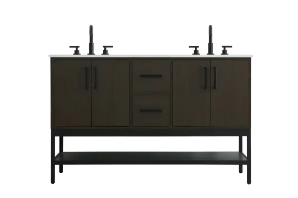 Dimensions
Width: 54"
Height: 22"
Depth: 34"
Counter Top Length: 54"
Counter Top Width: 22"
Counter Top Height: 0.75"
Sink Width: 17.13"
Sink Depth: 11.61"
Sink Height: 7"
Sink Drain Hole Size: 1.75"
Faucet Hole Spacing: 8"3 Holes"
Specifications
Assembly Required: No
Base Material: Solid wood and MDF and Metal
Counter Top Edge Style: straight
Counter Top Finish: marble white
Distressed Finish: No
Drain Assembly Included: No
Faucet Included: No
Finish (Color): Mocha Brown
Vanity Material: Solid Wood and MDF
Hardware Finish: black
Harware Material: Aluminum alloy
Number of Faucet Holes: 6
Number of Sinks: 2
Product Shape: Rectangle
Product Type: Bathroom Vanities
Product Warranty: 1 year limited
Sink Mounting Type: Undermount
Vanity Backsplash: NO
Vanity Mounting Type: Free-Standing
218
Wire Included: No
Wood Type: Rubber wood
Shipment type: LTL
US Shipping Cost: $231.00
Drawers
Drawers Included: yes
Number of Drawers: 2
False Drawers: no
Drawer Width: 10
Drawer Depth: 15.125
Drawer Height: 8.375
Drawer Handle Designs: Bar pulls
Shelves
Number of Shelves: 1
Shelf Width: 51.125
Cabinets
Number of Cabinets: 2
Cabinet Interior Width: 20
Cabinet Interior Depth: 21.5
Cabinet Interior Height: 19