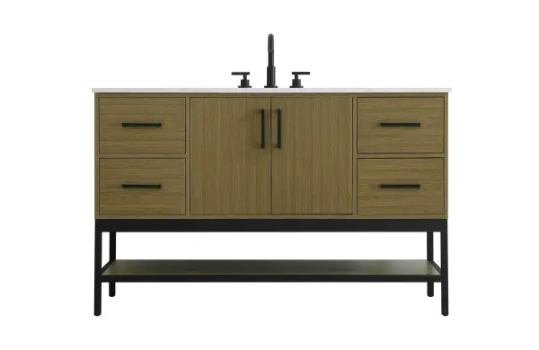 Dimensions
Width: 54"
Height: 22"
Depth: 34"
Counter Top Length: 54"
Counter Top Width: 22"
Counter Top Height: 0.75"
Sink Width: 17.13"
Sink Depth: 11.61"
Sink Height: 7"
Sink Drain Hole Size: 1.75"
Faucet Hole Spacing: 8"3 Holes"
Specifications
Assembly Required: No
Base Material: Solid wood and MDF and Metal
Counter Top Edge Style: straight
Counter Top Finish: marble white
Distressed Finish: No
Drain Assembly Included: No
Faucet Included: No
Finish (Color): Chestnut Brown
Vanity Material: Solid Wood and MDF
Hardware Finish: black
Harware Material: Aluminum alloy
Number of Faucet Holes: 3
Number of Sinks: 1
Product Shape: Rectangle
Product Type: Bathroom Vanities
Product Warranty: 1 year limited
Sink Mounting Type: Undermount
Vanity Backsplash: NO
Vanity Mounting Type: Free-Standing
231
Wire Included: No
Wood Type: Rubber wood
Shipment type: LTL
US Shipping Cost: $231.00
Drawers
Drawers Included: yes
Number of Drawers: 4
False Drawers: no
Drawer Width: 12.875
Drawer Depth: 15.125
Drawer Height: 8.375
Drawer Handle Designs: Bar pulls
Shelves
Number of Shelves: 1
Shelf Width: 51.125
Cabinets
Number of Cabinets: 1
Cabinet Interior Width: 24.5
Cabinet Interior Depth: 21.5
Cabinet Interior Height: 19