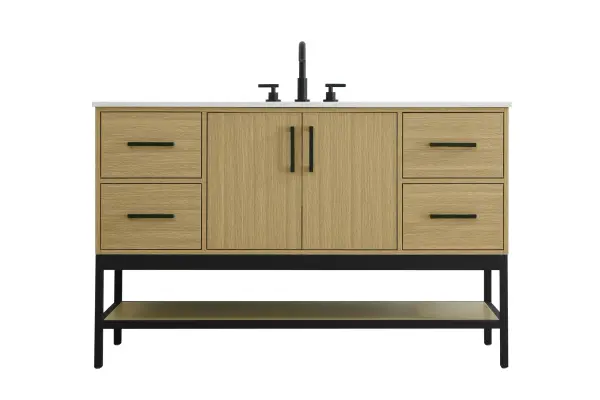 Dimensions
Width: 54"
Height: 22"
Depth: 34"
Counter Top Length: 54"
Counter Top Width: 22"
Counter Top Height: 0.75"
Sink Width: 17.13"
Sink Depth: 11.61"
Sink Height: 7"
Sink Drain Hole Size: 1.75"
Faucet Hole Spacing: 8"3 Holes"
Specifications
Assembly Required: No
Base Material: Solid wood and MDF and Metal
Counter Top Edge Style: straight
Counter Top Finish: marble white
Distressed Finish: No
Drain Assembly Included: No
Faucet Included: No
Finish (Color): Honey Brown
Vanity Material: Solid Wood and MDF
Hardware Finish: black
Harware Material: Aluminum alloy
Number of Faucet Holes: 3
Number of Sinks: 1
Product Shape: Rectangle
Product Type: Bathroom Vanities
Product Warranty: 1 year limited
Sink Mounting Type: Undermount
Vanity Backsplash: NO
Vanity Mounting Type: Free-Standing
231
Wire Included: No
Wood Type: Rubber wood
Shipment type: LTL
US Shipping Cost: $231.00
Drawers
Drawers Included: yes
Number of Drawers: 4
False Drawers: no
Drawer Width: 12.875
Drawer Depth: 15.125
Drawer Height: 8.375
Drawer Handle Designs: Bar pulls
Shelves
Number of Shelves: 1
Shelf Width: 51.125
Cabinets
Number of Cabinets: 1
Cabinet Interior Width: 24.5
Cabinet Interior Depth: 21.5
Cabinet Interior Height: 19