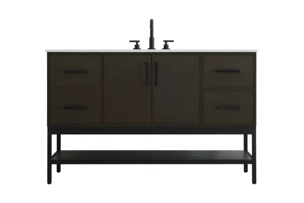 Dimensions
Width: 54"
Height: 22"
Depth: 34"
Counter Top Length: 54"
Counter Top Width: 22"
Counter Top Height: 0.75"
Sink Width: 17.13"
Sink Depth: 11.61"
Sink Height: 7"
Sink Drain Hole Size: 1.75"
Faucet Hole Spacing: 8"3 Holes"
Specifications
Assembly Required: No
Base Material: Solid wood and MDF and Metal
Counter Top Edge Style: straight
Counter Top Finish: marble white
Distressed Finish: No
Drain Assembly Included: No
Faucet Included: No
Finish (Color): Mocha Brown
Vanity Material: Solid Wood and MDF
Hardware Finish: black
Harware Material: Aluminum alloy
Number of Faucet Holes: 3
Number of Sinks: 1
Product Shape: Rectangle
Product Type: Bathroom Vanities
Product Warranty: 1 year limited
Sink Mounting Type: Undermount
Vanity Backsplash: NO
Vanity Mounting Type: Free-Standing
231
Wire Included: No
Wood Type: Rubber wood
Shipment type: LTL
US Shipping Cost: $231.00
Drawers
Drawers Included: yes
Number of Drawers: 4
False Drawers: no
Drawer Width: 12.875
Drawer Depth: 15.125
Drawer Height: 8.375
Drawer Handle Designs: Bar pulls
Shelves
Number of Shelves: 1
Shelf Width: 51.125
Cabinets
Number of Cabinets: 1
Cabinet Interior Width: 24.5
Cabinet Interior Depth: 21.5
Cabinet Interior Height: 19