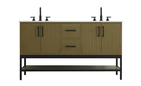 Dimensions
Width: 60"
Height: 22"
Depth: 34"
Counter Top Length: 60"
Counter Top Width: 22"
Counter Top Height: 0.75"
Sink Width: 17.13"
Sink Depth: 11.61"
Sink Height: 7"
Sink Drain Hole Size: 1.75"
Faucet Hole Spacing: 8"3 Holes"
Specifications
Assembly Required: No
Base Material: Solid wood and MDF and Metal
Counter Top Edge Style: straight
Counter Top Finish: marble white
Distressed Finish: No
Drain Assembly Included: No
Faucet Included: No
Finish (Color): Chestnut Brown
Vanity Material: Solid Wood and MDF
Hardware Finish: black
Harware Material: Aluminum alloy
Number of Faucet Holes: 6
Number of Sinks: 2
Product Shape: Rectangle
Product Type: Bathroom Vanities
Product Warranty: 1 year limited
Sink Mounting Type: Undermount
Vanity Backsplash: NO
Vanity Mounting Type: Free-Standing
238
Wire Included: No
Wood Type: Rubber wood
Shipment type: LTL
US Shipping Cost: $254.00
Drawers
Drawers Included: yes
Number of Drawers: 2
False Drawers: no
Drawer Width: 11.125
Drawer Depth: 15.125
Drawer Height: 8.375
Drawer Handle Designs: Bar pulls
Shelves
Number of Shelves: 1
Shelf Width: 57.125
Cabinets
Number of Cabinets: 2
Cabinet Interior Width: 22.25
Cabinet Interior Depth: 21.5
Cabinet Interior Height: 19