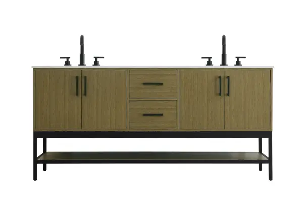 Dimensions
Width: 72"
Height: 22"
Depth: 34"
Counter Top Length: 72"
Counter Top Width: 22"
Counter Top Height: 0.75"
Sink Width: 17.13"
Sink Depth: 11.61"
Sink Height: 7"
Sink Drain Hole Size: 1.75"
Faucet Hole Spacing: 8"3 Holes"
Specifications
Assembly Required: No
Base Material: Solid wood and MDF and Metal
Counter Top Edge Style: straight
Counter Top Finish: marble white
Distressed Finish: No
Drain Assembly Included: No
Faucet Included: No
Finish (Color): Chestnut Brown
Vanity Material: Solid Wood and MDF
Hardware Finish: black
Harware Material: Aluminum alloy
Number of Faucet Holes: 6
Number of Sinks: 2
Product Shape: Rectangle
Product Type: Bathroom Vanities
Product Warranty: 1 year limited
Sink Mounting Type: Undermount
Vanity Backsplash: NO
Vanity Mounting Type: Free-Standing
277
Wire Included: No
Wood Type: Rubber wood
Shipment type: LTL
US Shipping Cost: $301.00
Drawers
Drawers Included: yes
Number of Drawers: 2
False Drawers: no
Drawer Width: 14.25
Drawer Depth: 15.125
Drawer Height: 8.375
Drawer Handle Designs: Bar pulls
Shelves
Number of Shelves: 1
Shelf Width: 69.125
Cabinets
Number of Cabinets: 2
Cabinet Interior Width: 26.75
Cabinet Interior Depth: 21.5
Cabinet Interior Height: 19