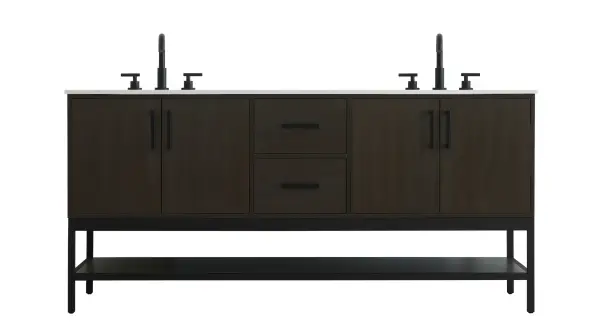 Dimensions
Width: 72"
Height: 22"
Depth: 34"
Counter Top Length: 72"
Counter Top Width: 22"
Counter Top Height: 0.75"
Sink Width: 17.13"
Sink Depth: 11.61"
Sink Height: 7"
Sink Drain Hole Size: 1.75"
Faucet Hole Spacing: 8"3 Holes"
Specifications
Assembly Required: No
Base Material: Solid wood and MDF and Metal
Counter Top Edge Style: straight
Counter Top Finish: marble white
Distressed Finish: No
Drain Assembly Included: No
Faucet Included: No
Finish (Color): Mocha Brown
Vanity Material: Solid Wood and MDF
Hardware Finish: black
Harware Material: Aluminum alloy
Number of Faucet Holes: 6
Number of Sinks: 2
Product Shape: Rectangle
Product Type: Bathroom Vanities
Product Warranty: 1 year limited
Sink Mounting Type: Undermount
Vanity Backsplash: NO
Vanity Mounting Type: Free-Standing
277
Wire Included: No
Wood Type: Rubber wood
Shipment type: LTL
US Shipping Cost: $301.00
Drawers
Drawers Included: yes
Number of Drawers: 2
False Drawers: no
Drawer Width: 14.25
Drawer Depth: 15.125
Drawer Height: 8.375
Drawer Handle Designs: Bar pulls
Shelves
Number of Shelves: 1
Shelf Width: 69.125
Cabinets
Number of Cabinets: 2
Cabinet Interior Width: 26.75
Cabinet Interior Depth: 21.5
Cabinet Interior Height: 19