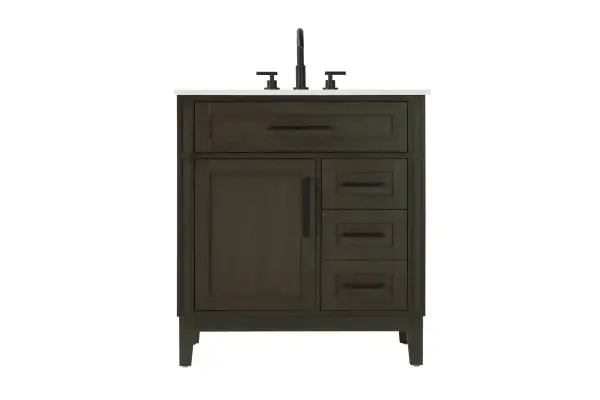 Dimensions
Length: 32"
Width: 21.5"
Height: 35"
Counter Top Length: 32"
Counter Top Width: 21.5"
Counter Top Height: 0.75"
Sink Width: 15.375"
Sink Depth: 10.875"
Sink Height: 7"
Sink Drain Hole Size: 1.75"
Faucet Hole Spacing: 8"3 Holes"
Specifications
Assembly Required: YES
Base Material: Solid wood and MDF
Counter Top Edge Style: straight
Counter Top Finish: Marble white
Distressed Finish: NO
Drain Assembly Included: NO
Faucet Included: NO
Faucet Type: Widespread
Finish (Color): Mocha Brown
Vanity Material: Solid Wood and MDF
Hardware Finish: Black
Harware Material: Aluminum alloy
Number of Faucet Holes: 3
Number of Sinks: 1
Product Shape: Rectangle
Product Type: Bathroom Vanities
Product Warranty: 1 year limited
Sink Mounting Type: Undermount
Vanity Backsplash: NO
Vanity Mounting Type: Free-Standing
172
Wire Included: No
Wood Type: Rubber wood
Shipment type: LTL
Drawers
Drawers Included: yes
Number of Drawers: 3
False Drawers: Yes
Drawer Width: dw1: 26.5
dw2: 10.75
dw3: 10.75
Drawer Depth: dw1: 3.625
dw2: 15.125
dw3: 15.125
Drawer Height: dw1: 6.375
dw2: 6.375
dw3: 12.75
Drawer Handle Designs: Bar pulls
Shelves
Number of Shelves: 1
Shelf Width: 15.125
Cabinets
Number of Cabinets: 1
Cabinet Interior Width: 15.125
Cabinet Interior Depth: 16.875
Cabinet Interior Height: 19.125