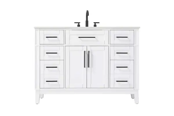 Dimensions
Length: 48"
Width: 21.5"
Height: 35"
Counter Top Length: 48"
Counter Top Width: 21.5"
Counter Top Height: 0.75"
Sink Width: 15.375"
Sink Depth: 10.875"
Sink Height: 7"
Sink Drain Hole Size: 1.75"
Faucet Hole Spacing: 8"3 Holes"
Specifications
Assembly Required: YES
Base Material: Solid wood and MDF
Counter Top Edge Style: straight
Counter Top Finish: Marble white
Distressed Finish: NO
Drain Assembly Included: NO
Faucet Included: NO
Faucet Type: Widespread
Finish (Color): White
Vanity Material: Solid Wood and MDF
Hardware Finish: Black
Harware Material: Aluminum alloy
Number of Faucet Holes: 3
Number of Sinks: 1
Product Shape: Rectangle
Product Type: Bathroom Vanities
Product Warranty: 1 year limited
Sink Mounting Type: Undermount
Vanity Backsplash: NO
Vanity Mounting Type: Free-Standing
235
Wire Included: No
Wood Type: Rubber wood
Shipment type: LTL
Drawers
Drawers Included: yes
Number of Drawers: 7
False Drawers: Yes
Drawer Width: dw1: 19.625
dw2: 10.75
dw3: 10.75
dw4: 10.75
Drawer Depth: dw1: 3.625
dw2: 15.125
dw3: 15.125 dw4:15.125
Drawer Height: dw1: 6.375
dw2: 6.375
dw3: 6.375
dw4: 12.75
Drawer Handle Designs: Bar pulls
Shelves
Number of Shelves: 1
Shelf Width: 19.5
Cabinets
Number of Cabinets: 1
Cabinet Interior Width: 19.5
Cabinet Interior Depth: 16.875
Cabinet Interior Height: 19.125