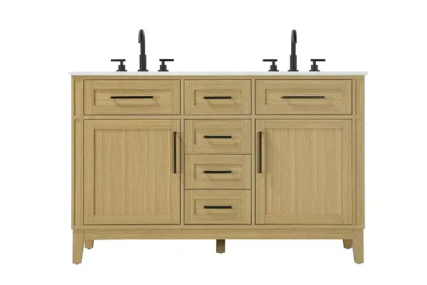 Dimensions
Length: 54"
Width: 21.5"
Height: 35"
Counter Top Length: 54"
Counter Top Width: 21.5"
Counter Top Height: 0.75"
Sink Width: 15.375"
Sink Depth: 10.875"
Sink Height: 7"
Sink Drain Hole Size: 1.75"
Faucet Hole Spacing: 8"3 Holes"
Specifications
Assembly Required: YES
Base Material: Solid wood and MDF
Counter Top Edge Style: straight
Counter Top Finish: Marble white
Distressed Finish: NO
Drain Assembly Included: NO
Faucet Included: NO
Faucet Type: Widespread
Finish (Color): Honey Brown
Vanity Material: Solid Wood and MDF
Hardware Finish: Black
Harware Material: Aluminum alloy
Number of Faucet Holes: 6
Number of Sinks: 2
Product Shape: Rectangle
Product Type: Bathroom Vanities
Product Warranty: 1 year limited
Sink Mounting Type: Undermount
Vanity Backsplash: NO
Vanity Mounting Type: Free-Standing
260
Wire Included: No
Wood Type: Rubber wood
Shipment type: LTL
Drawers
Drawers Included: yes
Number of Drawers: 5
False Drawers: Yes
Drawer Width: dw1: 17.5
dw2: 12.25
dw3: 12.25
dw4: 12.25
Drawer Depth: dw1: 3.625
dw2: 15.125
dw3: 15.125 dw4:15.125
Drawer Height: dw1: 6.375
dw2: 6.375
dw3: 6.375
dw4: 12.75
Drawer Handle Designs: Bar pulls
Shelves
Number of Shelves: 2
Shelf Width: 17.5
Cabinets
Number of Cabinets: 2
Cabinet Interior Width: 17.5
Cabinet Interior Depth: 16.875
Cabinet Interior Height: 19.125