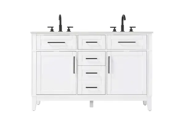 Dimensions
Length: 54"
Width: 21.5"
Height: 35"
Counter Top Length: 54"
Counter Top Width: 21.5"
Counter Top Height: 0.75"
Sink Width: 15.375"
Sink Depth: 10.875"
Sink Height: 7"
Sink Drain Hole Size: 1.75"
Faucet Hole Spacing: 8"3 Holes"
Specifications
Assembly Required: YES
Base Material: Solid wood and MDF
Counter Top Edge Style: straight
Counter Top Finish: Marble white
Distressed Finish: NO
Drain Assembly Included: NO
Faucet Included: NO
Faucet Type: Widespread
Finish (Color): White
Vanity Material: Solid Wood and MDF
Hardware Finish: Black
Harware Material: Aluminum alloy
Number of Faucet Holes: 6
Number of Sinks: 2
Product Shape: Rectangle
Product Type: Bathroom Vanities
Product Warranty: 1 year limited
Sink Mounting Type: Undermount
Vanity Backsplash: NO
Vanity Mounting Type: Free-Standing
238
Wire Included: No
Wood Type: Rubber wood
Shipment type: LTL
Drawers
Drawers Included: yes
Number of Drawers: 5
False Drawers: Yes
Drawer Width: dw1: 17.5
dw2: 12.25
dw3: 12.25
dw4: 12.25
Drawer Depth: dw1: 3.625
dw2: 15.125
dw3: 15.125 dw4:15.125
Drawer Height: dw1: 6.375
dw2: 6.375
dw3: 6.375
dw4: 12.75
Drawer Handle Designs: Bar pulls
Shelves
Number of Shelves: 2
Shelf Width: 17.5
Cabinets
Number of Cabinets: 2
Cabinet Interior Width: 17.5
Cabinet Interior Depth: 16.875
Cabinet Interior Height: 19.125