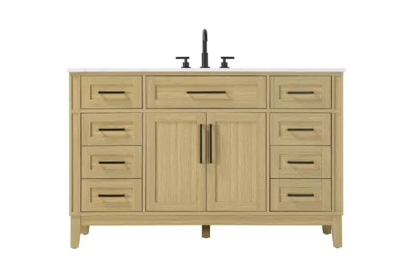 Dimensions
Length: 54"
Width: 21.5"
Height: 35"
Counter Top Length: 54"
Counter Top Width: 21.5"
Counter Top Height: 0.75"
Sink Width: 15.375"
Sink Depth: 10.875"
Sink Height: 7"
Sink Drain Hole Size: 1.75"
Faucet Hole Spacing: 8"3 Holes"
Specifications
Assembly Required: YES
Base Material: Solid wood and MDF
Counter Top Edge Style: straight
Counter Top Finish: Marble white
Distressed Finish: NO
Drain Assembly Included: NO
Faucet Included: NO
Faucet Type: Widespread
Finish (Color): Honey Brown
Vanity Material: Solid Wood and MDF
Hardware Finish: Black
Harware Material: Aluminum alloy
Number of Faucet Holes: 3
Number of Sinks: 1
Product Shape: Rectangle
Product Type: Bathroom Vanities
Product Warranty: 1 year limited
Sink Mounting Type: Undermount
Vanity Backsplash: NO
Vanity Mounting Type: Free-Standing
279
Wire Included: No
Wood Type: Rubber wood
Shipment type: LTL
Drawers
Drawers Included: yes
Number of Drawers: 7
False Drawers: Yes
Drawer Width: dw1: 23.5
dw2: 11.75
dw3: 11.75
dw4: 11.75
Drawer Depth: dw1: 3.625
dw2: 15.125
dw3: 15.125 dw4:15.125
Drawer Height: dw1: 6.375
dw2: 6.375
dw3: 6.375
dw4: 12.75
Drawer Handle Designs: Bar pulls
Shelves
Number of Shelves: 1
Shelf Width: 23.5
Cabinets
Number of Cabinets: 1
Cabinet Interior Width: 23.5
Cabinet Interior Depth: 16.875
Cabinet Interior Height: 19.125