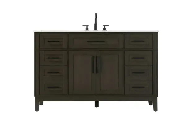 Dimensions
Length: 54"
Width: 21.5"
Height: 35"
Counter Top Length: 54"
Counter Top Width: 21.5"
Counter Top Height: 0.75"
Sink Width: 15.375"
Sink Depth: 10.875"
Sink Height: 7"
Sink Drain Hole Size: 1.75"
Faucet Hole Spacing: 8"3 Holes"
Specifications
Assembly Required: YES
Base Material: Solid wood and MDF
Counter Top Edge Style: straight
Counter Top Finish: Marble white
Distressed Finish: NO
Drain Assembly Included: NO
Faucet Included: NO
Faucet Type: Widespread
Finish (Color): Mocha Brown
Vanity Material: Solid Wood and MDF
Hardware Finish: Black
Harware Material: Aluminum alloy
Number of Faucet Holes: 3
Number of Sinks: 1
Product Shape: Rectangle
Product Type: Bathroom Vanities
Product Warranty: 1 year limited
Sink Mounting Type: Undermount
Vanity Backsplash: NO
Vanity Mounting Type: Free-Standing
279
Wire Included: No
Wood Type: Rubber wood
Shipment type: LTL
Drawers
Drawers Included: yes
Number of Drawers: 7
False Drawers: Yes
Drawer Width: dw1: 23.5
dw2: 11.75
dw3: 11.75
dw4: 11.75
Drawer Depth: dw1: 3.625
dw2: 15.125
dw3: 15.125 dw4:15.125
Drawer Height: dw1: 6.375
dw2: 6.375
dw3: 6.375
dw4: 12.75
Drawer Handle Designs: Bar pulls
Shelves
Number of Shelves: 1
Shelf Width: 23.5
Cabinets
Number of Cabinets: 1
Cabinet Interior Width: 23.5
Cabinet Interior Depth: 16.875
Cabinet Interior Height: 19.125