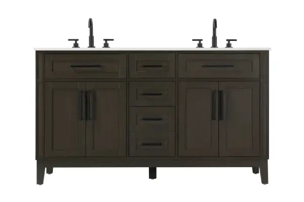 Dimensions
Length: 60"
Width: 21.5"
Height: 35"
Counter Top Length: 60"
Counter Top Width: 21.5"
Counter Top Height: 0.75"
Sink Width: 15.375"
Sink Depth: 10.875"
Sink Height: 7"
Sink Drain Hole Size: 1.75"
Faucet Hole Spacing: 8"3 Holes"
Specifications
Assembly Required: YES
Base Material: Solid wood and MDF
Counter Top Edge Style: straight
Counter Top Finish: Marble white
Distressed Finish: NO
Drain Assembly Included: NO
Faucet Included: NO
Faucet Type: Widespread
Finish (Color): Mocha Brown
Vanity Material: Solid Wood and MDF
Hardware Finish: Black
Harware Material: Aluminum alloy
Number of Faucet Holes: 6
Number of Sinks: 2
Product Shape: Rectangle
Product Type: Bathroom Vanities
Product Warranty: 1 year limited
Sink Mounting Type: Undermount
Vanity Backsplash: NO
Vanity Mounting Type: Free-Standing
290
Wire Included: No
Wood Type: Rubber wood
Shipment type: LTL
Drawers
Drawers Included: yes
Number of Drawers: 5
False Drawers: Yes
Drawer Width: dw1: 20.625
dw2: 11.75
dw3: 11.75
dw4: 11.75
Drawer Depth: dw1: 3.625
dw2: 15.125
dw3: 15.125 dw4:15.125
Drawer Height: dw1: 6.375
dw2: 6.375
dw3: 6.375
dw4: 12.75
Drawer Handle Designs: Bar pulls
Shelves
Number of Shelves: 2
Shelf Width: 20.5
Cabinets
Number of Cabinets: 2
Cabinet Interior Width: 20.5
Cabinet Interior Depth: 16.875
Cabinet Interior Height: 19.125