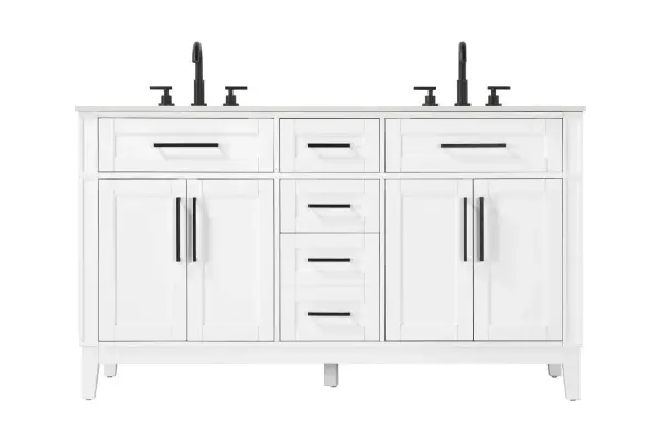 Dimensions
Length: 60"
Width: 21.5"
Height: 35"
Counter Top Length: 60"
Counter Top Width: 21.5"
Counter Top Height: 0.75"
Sink Width: 15.375"
Sink Depth: 10.875"
Sink Height: 7"
Sink Drain Hole Size: 1.75"
Faucet Hole Spacing: 8"3 Holes"
Specifications
Assembly Required: YES
Base Material: Solid wood and MDF
Counter Top Edge Style: straight
Counter Top Finish: Marble white
Distressed Finish: NO
Drain Assembly Included: NO
Faucet Included: NO
Faucet Type: Widespread
Finish (Color): White
Vanity Material: Solid Wood and MDF
Hardware Finish: Black
Harware Material: Aluminum alloy
Number of Faucet Holes: 6
Number of Sinks: 2
Product Shape: Rectangle
Product Type: Bathroom Vanities
Product Warranty: 1 year limited
Sink Mounting Type: Undermount
Vanity Backsplash: NO
Vanity Mounting Type: Free-Standing
257
Wire Included: No
Wood Type: Rubber wood
Shipment type: LTL
Drawers
Drawers Included: yes
Number of Drawers: 5
False Drawers: Yes
Drawer Width: dw1: 20.625
dw2: 11.75
dw3: 11.75
dw4: 11.75
Drawer Depth: dw1: 3.625
dw2: 15.125
dw3: 15.125 dw4:15.125
Drawer Height: dw1: 6.375
dw2: 6.375
dw3: 6.375
dw4: 12.75
Drawer Handle Designs: Bar pulls
Shelves
Number of Shelves: 2
Shelf Width: 20.5
Cabinets
Number of Cabinets: 2
Cabinet Interior Width: 20.5
Cabinet Interior Depth: 16.875
Cabinet Interior Height: 19.125