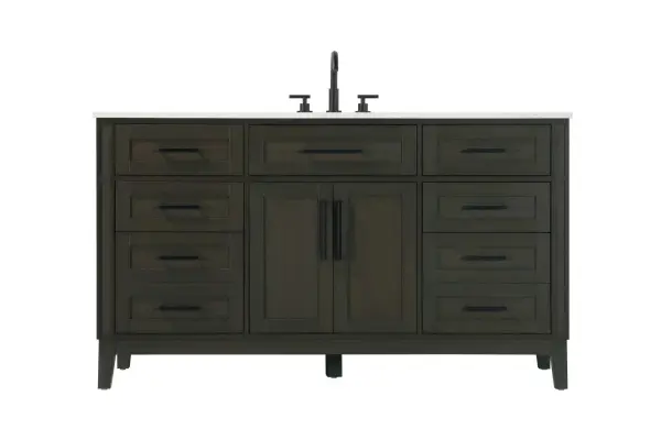 Dimensions
Length: 60"
Width: 21.5"
Height: 35"
Counter Top Length: 60"
Counter Top Width: 21.5"
Counter Top Height: 0.75"
Sink Width: 15.375"
Sink Depth: 10.875"
Sink Height: 7"
Sink Drain Hole Size: 1.75"
Faucet Hole Spacing: 8"3 Holes"
Specifications
Assembly Required: YES
Base Material: Solid wood and MDF
Counter Top Edge Style: straight
Counter Top Finish: Marble white
Distressed Finish: NO
Drain Assembly Included: NO
Faucet Included: NO
Faucet Type: Widespread
Finish (Color): Mocha Brown
Vanity Material: Solid Wood and MDF
Hardware Finish: Black
Harware Material: Aluminum alloy
Number of Faucet Holes: 3
Number of Sinks: 1
Product Shape: Rectangle
Product Type: Bathroom Vanities
Product Warranty: 1 year limited
Sink Mounting Type: Undermount
Vanity Backsplash: NO
Vanity Mounting Type: Free-Standing
310
Wire Included: No
Wood Type: Rubber wood
Shipment type: LTL
Drawers
Drawers Included: yes
Number of Drawers: 7
False Drawers: Yes
Drawer Width: dw1: 21.125
dw2: 16
dw3: 16
dw4: 16
Drawer Depth: dw1: 3.625
dw2: 15.125
dw3: 15.125 dw4:15.125
Drawer Height: dw1: 6.375
dw2: 6.375
dw3: 6.375
dw4: 12.75
Drawer Handle Designs: Bar pulls
Shelves
Number of Shelves: 1
Shelf Width: 21
Cabinets
Number of Cabinets: 1
Cabinet Interior Width: 21
Cabinet Interior Depth: 16.875
Cabinet Interior Height: 19.125