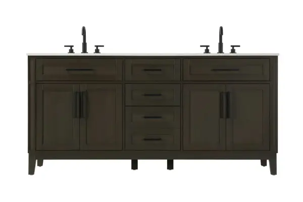 Dimensions
Length: 72"
Width: 21.5"
Height: 35"
Counter Top Length: 72"
Counter Top Width: 21.5"
Counter Top Height: 0.75"
Sink Width: 15.375"
Sink Depth: 10.875"
Sink Height: 7"
Sink Drain Hole Size: 1.75"
Faucet Hole Spacing: 8"3 Holes"
Specifications
Assembly Required: YES
Base Material: Solid wood and MDF
Counter Top Edge Style: straight
Counter Top Finish: Marble white
Distressed Finish: NO
Drain Assembly Included: NO
Faucet Included: NO
Faucet Type: Widespread
Finish (Color): Mocha Brown
Vanity Material: Solid Wood and MDF
Hardware Finish: Black
Harware Material: Aluminum alloy
Number of Faucet Holes: 6
Number of Sinks: 2
Product Shape: Rectangle
Product Type: Bathroom Vanities
Product Warranty: 1 year limited
Sink Mounting Type: Undermount
Vanity Backsplash: NO
Vanity Mounting Type: Free-Standing
330
Wire Included: No
Wood Type: Rubber wood
Shipment type: LTL
Drawers
Drawers Included: yes
Number of Drawers: 5
False Drawers: Yes
Drawer Width: dw1: 24.625
dw2: 16
dw3: 16
dw4: 16
Drawer Depth: dw1: 3.625
dw2: 15.125
dw3: 15.125 dw4:15.125
Drawer Height: dw1: 6.375
dw2: 6.375
dw3: 6.375
dw4: 12.75
Drawer Handle Designs: Bar pulls
Shelves
Number of Shelves: 2
Shelf Width: 25
Cabinets
Number of Cabinets: 2
Cabinet Interior Width: 25
Cabinet Interior Depth: 16.875
Cabinet Interior Height: 19.125