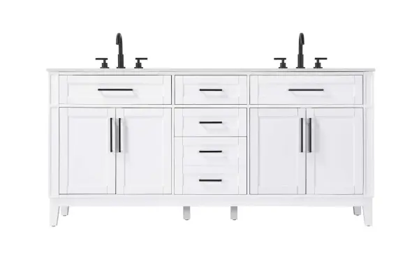Dimensions
Length: 72"
Width: 21.5"
Height: 35"
Counter Top Length: 72"
Counter Top Width: 21.5"
Counter Top Height: 0.75"
Sink Width: 15.375"
Sink Depth: 10.875"
Sink Height: 7"
Sink Drain Hole Size: 1.75"
Faucet Hole Spacing: 8"3 Holes"
Specifications
Assembly Required: YES
Base Material: Solid wood and MDF
Counter Top Edge Style: straight
Counter Top Finish: Marble white
Distressed Finish: NO
Drain Assembly Included: NO
Faucet Included: NO
Faucet Type: Widespread
Finish (Color): White
Vanity Material: Solid Wood and MDF
Hardware Finish: Black
Harware Material: Aluminum alloy
Number of Faucet Holes: 6
Number of Sinks: 2
Product Shape: Rectangle
Product Type: Bathroom Vanities
Product Warranty: 1 year limited
Sink Mounting Type: Undermount
Vanity Backsplash: NO
Vanity Mounting Type: Free-Standing
297
Wire Included: No
Wood Type: Rubber wood
Shipment type: LTL
Drawers
Drawers Included: yes
Number of Drawers: 5
False Drawers: Yes
Drawer Width: dw1: 24.625
dw2: 16
dw3: 16
dw4: 16
Drawer Depth: dw1: 3.625
dw2: 15.125
dw3: 15.125 dw4:15.125
Drawer Height: dw1: 6.375
dw2: 6.375
dw3: 6.375
dw4: 12.75
Drawer Handle Designs: Bar pulls
Shelves
Number of Shelves: 2
Shelf Width: 25
Cabinets
Number of Cabinets: 2
Cabinet Interior Width: 25
Cabinet Interior Depth: 16.875
Cabinet Interior Height: 19.125