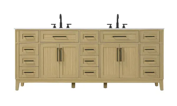 Dimensions
Length: 84"
Width: 21.5"
Height: 35"
Counter Top Length: 84"
Counter Top Width: 21.5"
Counter Top Height: 0.75"
Sink Width: 15.375"
Sink Depth: 10.875"
Sink Height: 7"
Sink Drain Hole Size: 1.75"
Faucet Hole Spacing: 8"3 Holes"
Specifications
Assembly Required: YES
Base Material: Solid wood and MDF
Counter Top Edge Style: straight
Counter Top Finish: Marble white
Distressed Finish: NO
Drain Assembly Included: NO
Faucet Included: NO
Faucet Type: Widespread
Finish (Color): Honey Brown
Vanity Material: Solid Wood and MDF
Hardware Finish: Black
Harware Material: Aluminum alloy
Number of Faucet Holes: 6
Number of Sinks: 2
Product Shape: Rectangle
Product Type: Bathroom Vanities
Product Warranty: 1 year limited
Sink Mounting Type: Undermount
Vanity Backsplash: NO
Vanity Mounting Type: Free-Standing
Weight: 392
Wire Included: No
Wood Type: Rubber wood
Shipment type: LTL
Drawers
Drawers Included: yes
Number of Drawers: 11
False Drawers: Yes
Drawer Width: dw1: 21.75
dw2: 10.75
dw3: 10.75
dw4: 10.75
Drawer Depth: dw1: 3.625
dw2: 15.125
dw3: 15.125 dw4:15.125
Drawer Height: dw1: 6.375
dw2: 6.375
dw3: 6.375
dw4: 12.75
Drawer Handle Designs: Bar pulls
Shelves
Number of Shelves: 2
Shelf Width: 21.75
Cabinets
Number of Cabinets: 2
Cabinet Interior Width: 21.75
Cabinet Interior Depth: 16.875
Cabinet Interior Height: 19.125