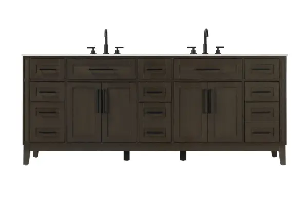 Dimensions
Length: 84"
Width: 21.5"
Height: 35"
Counter Top Length: 84"
Counter Top Width: 21.5"
Counter Top Height: 0.75"
Sink Width: 15.375"
Sink Depth: 10.875"
Sink Height: 7"
Sink Drain Hole Size: 1.75"
Faucet Hole Spacing: 8"3 Holes"
Specifications
Assembly Required: YES
Base Material: Solid wood and MDF
Counter Top Edge Style: straight
Counter Top Finish: Marble white
Distressed Finish: NO
Drain Assembly Included: NO
Faucet Included: NO
Faucet Type: Widespread
Finish (Color): Mocha Brown
Vanity Material: Solid Wood and MDF
Hardware Finish: Black
Harware Material: Aluminum alloy
Number of Faucet Holes: 6
Number of Sinks: 2
Product Shape: Rectangle
Product Type: Bathroom Vanities
Product Warranty: 1 year limited
Sink Mounting Type: Undermount
Vanity Backsplash: NO
Vanity Mounting Type: Free-Standing
Weight: 392
Wire Included: No
Wood Type: Rubber wood
Shipment type: LTL
Drawers
Drawers Included: yes
Number of Drawers: 11
False Drawers: Yes
Drawer Width: dw1: 21.75
dw2: 10.75
dw3: 10.75
dw4: 10.75
Drawer Depth: dw1: 3.625
dw2: 15.125
dw3: 15.125 dw4:15.125
Drawer Height: dw1: 6.375
dw2: 6.375
dw3: 6.375
dw4: 12.75
Drawer Handle Designs: Bar pulls
Shelves
Number of Shelves: 2
Shelf Width: 21.75
Cabinets
Number of Cabinets: 2
Cabinet Interior Width: 21.75
Cabinet Interior Depth: 16.875
Cabinet Interior Height: 19.125