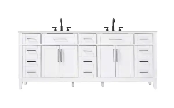 Dimensions
Length: 84"
Width: 21.5"
Height: 35"
Counter Top Length: 84"
Counter Top Width: 21.5"
Counter Top Height: 0.75"
Sink Width: 15.375"
Sink Depth: 10.875"
Sink Height: 7"
Sink Drain Hole Size: 1.75"
Faucet Hole Spacing: 8"3 Holes"
Specifications
Assembly Required: YES
Base Material: Solid wood and MDF
Counter Top Edge Style: straight
Counter Top Finish: Marble white
Distressed Finish: NO
Drain Assembly Included: NO
Faucet Included: NO
Faucet Type: Widespread
Finish (Color): White
Vanity Material: Solid Wood and MDF
Hardware Finish: Black
Harware Material: Aluminum alloy
Number of Faucet Holes: 6
Number of Sinks: 2
Product Shape: Rectangle
Product Type: Bathroom Vanities
Product Warranty: 1 year limited
Sink Mounting Type: Undermount
Vanity Backsplash: NO
Vanity Mounting Type: Free-Standing
Weight: 355
Wire Included: No
Wood Type: Rubber wood
Shipment type: LTL
Drawers
Drawers Included: yes
Number of Drawers: 11
False Drawers: Yes
Drawer Width: dw1: 21.75
dw2: 10.75
dw3: 10.75
dw4: 10.75
Drawer Depth: dw1: 3.625
dw2: 15.125
dw3: 15.125 dw4:15.125
Drawer Height: dw1: 6.375
dw2: 6.375
dw3: 6.375
dw4: 12.75
Drawer Handle Designs: Bar pulls
Shelves
Number of Shelves: 2
Shelf Width: 21.75
Cabinets
Number of Cabinets: 2
Cabinet Interior Width: 21.75
Cabinet Interior Depth: 16.875
Cabinet Interior Height: 19.125