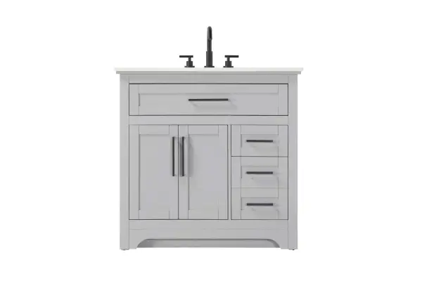 Specification Sheet
Dimensions
Length: 36"
Width: 21.5"
Height: 35"
Counter Top Length: 36"
Counter Top Width: 21.5"
Counter Top Height: 0.75"
Sink Width: 15.375"
Sink Depth: 10.875"
Sink Height: 7"
Sink Drain Hole Size: 1.75"
Faucet Hole Spacing: 4'' Holes"
Specifications
Assembly Required: NO
Base Material: Solid wood and MDF
Counter Top Edge Style: straight
Counter Top Finish: Marble white
Distressed Finish: NO
Drain Assembly Included: NO
Faucet Included: NO
Faucet Type: Widespread
Finish (Color): Grey
Vanity Material: Solid Wood and MDF
Hardware Finish: Black
Harware Material: Aluminum alloy
Number of Faucet Holes: 3
Number of Sinks: 1
Product Shape: Rectangle
Product Type: Bathroom Vanities
Product Warranty: 1 year limited
Sink Mounting Type: Undermount
Vanity Backsplash: NO
Vanity Mounting Type: Free-Standing
156
Wire Included: No
Wood Type: Rubber wood
Shipment type: LTL
Drawers
Drawers Included: yes
Number of Drawers: 3
Drawer Width: dw1: 30.75
dw2: 9.875
dw3: 9.875
Drawer Depth: dw1: 3.625
dw2: 15.125
dw3: 15.125
Drawer Height: dw1: 5.625
dw2: 6.25
dw3: 12.625
Drawer Handle Designs: pull
Shelves
Number of Shelves: 1
Shelf Width: 19.75
Cabinets
Number of Cabinets: 1
Cabinet Interior Width: 19.75
Cabinet Interior Depth: 16.875
Cabinet Interior Height: 19