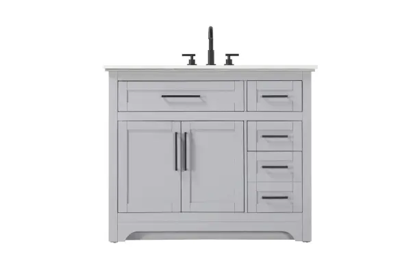 Specification Sheet
Dimensions
Length: 42"
Width: 21.5"
Height: 35"
Counter Top Length: 42"
Counter Top Width: 21.5"
Counter Top Height: 0.75"
Sink Width: 15.375"
Sink Depth: 10.875"
Sink Height: 7"
Sink Drain Hole Size: 1.75"
Faucet Hole Spacing: 4'' Holes"
Specifications
Assembly Required: NO
Base Material: Solid wood and MDF
Counter Top Edge Style: straight
Counter Top Finish: Marble white
Distressed Finish: NO
Drain Assembly Included: NO
Faucet Included: NO
Faucet Type: Widespread
Finish (Color): Grey
Vanity Material: Solid Wood and MDF
Hardware Finish: Black
Harware Material: Aluminum alloy
Number of Faucet Holes: 3
Number of Sinks: 1
Product Shape: Rectangle
Product Type: Bathroom Vanities
Product Warranty: 1 year limited
Sink Mounting Type: Undermount
Vanity Backsplash: NO
Vanity Mounting Type: Free-Standing
183
Wire Included: No
Wood Type: Rubber wood
Shipment type: LTL
Drawers
Drawers Included: yes
Number of Drawers: 4
Drawer Width: dw1: 24
dw2: 11.625
dw3: 11.625
dw4: 11.625
Drawer Depth: dw1: 3.625
dw2: 15.125
dw3: 15.125
dw4: 15.125
Drawer Height: dw1: 5.625
dw2: 5.625
dw3: 6.25
dw4: 12.625
Drawer Handle Designs: pull
Shelves
Number of Shelves: 1
Shelf Width: 23.75
Cabinets
Number of Cabinets: 1
Cabinet Interior Width: 23.75
Cabinet Interior Depth: 16.875
Cabinet Interior Height: 19