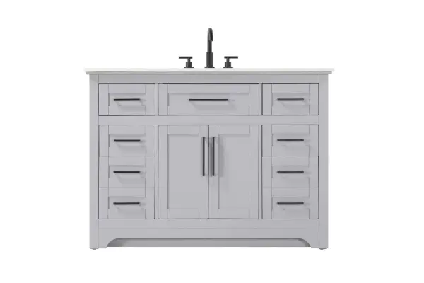 Specification Sheet
Dimensions
Length: 48"
Width: 21.5"
Height: 35"
Counter Top Length: 48"
Counter Top Width: 21.5"
Counter Top Height: 0.75"
Sink Width: 15.375"
Sink Depth: 10.875"
Sink Height: 7"
Sink Drain Hole Size: 1.75"
Faucet Hole Spacing: 4'' Holes"
Specifications
Assembly Required: NO
Base Material: Solid wood and MDF
Counter Top Edge Style: straight
Counter Top Finish: Marble white
Distressed Finish: NO
Drain Assembly Included: NO
Faucet Included: NO
Faucet Type: Widespread
Finish (Color): Grey
Vanity Material: Solid Wood and MDF
Hardware Finish: Black
Harware Material: Aluminum alloy
Number of Faucet Holes: 3
Number of Sinks: 1
Product Shape: Rectangle
Product Type: Bathroom Vanities
Product Warranty: 1 year limited
Sink Mounting Type: Undermount
Vanity Backsplash: NO
Vanity Mounting Type: Free-Standing
231
Wire Included: No
Wood Type: Rubber wood
Shipment type: LTL
Drawers
Drawers Included: yes
Number of Drawers: 7
Drawer Width: dw1: 20.625
dw2: 10.25
dw3: 10.25
dw4: 10.25
Drawer Depth: dw1: 3.625
dw2: 15.125
dw3: 15.125
dw4: 15.125
Drawer Height: dw1: 5.625
dw2: 5.625
dw3: 6.25
dw4: 12.625
Drawer Handle Designs: pull
Shelves
Number of Shelves: 1
Shelf Width: 20.5
Cabinets
Number of Cabinets: 1
Cabinet Interior Width: 20.5
Cabinet Interior Depth: 16.875
Cabinet Interior Height: 19