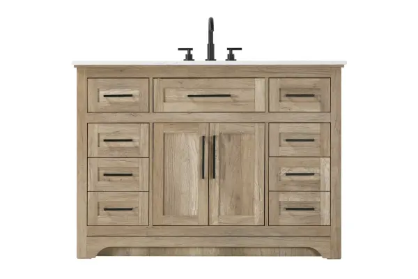 Specification Sheet
Dimensions
Length: 48"
Width: 21.5"
Height: 35"
Counter Top Length: 48"
Counter Top Width: 21.5"
Counter Top Height: 0.75"
Sink Width: 15.375"
Sink Depth: 10.875"
Sink Height: 7"
Sink Drain Hole Size: 1.75"
Faucet Hole Spacing: 4'' Holes"
Specifications
Assembly Required: NO
Base Material: Solid wood and MDF
Counter Top Edge Style: straight
Counter Top Finish: Marble white
Distressed Finish: NO
Drain Assembly Included: NO
Faucet Included: NO
Faucet Type: Widespread
Finish (Color): Natural Oak
Vanity Material: Solid Wood and MDF
Hardware Finish: Black
Harware Material: Aluminum alloy
Number of Faucet Holes: 3
Number of Sinks: 1
Product Shape: Rectangle
Product Type: Bathroom Vanities
Product Warranty: 1 year limited
Sink Mounting Type: Undermount
Vanity Backsplash: NO
Vanity Mounting Type: Free-Standing
251
Wire Included: No
Wood Type: Rubber wood
Shipment type: LTL
Drawers
Drawers Included: yes
Number of Drawers: 7
Drawer Width: dw1: 20.625
dw2: 10.25
dw3: 10.25
dw4: 10.25
Drawer Depth: dw1: 3.625
dw2: 15.125
dw3: 15.125
dw4: 15.125
Drawer Height: dw1: 5.625
dw2: 5.625
dw3: 6.25
dw4: 12.625
Drawer Handle Designs: pull
Shelves
Number of Shelves: 1
Shelf Width: 20.5
Cabinets
Number of Cabinets: 1
Cabinet Interior Width: 20.5
Cabinet Interior Depth: 16.875
Cabinet Interior Height: 19