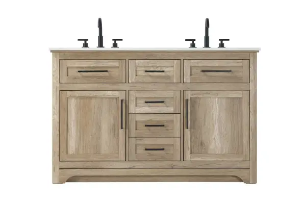 Specification Sheet
Dimensions
Length: 54"
Width: 21.5"
Height: 35"
Counter Top Length: 54"
Counter Top Width: 21.5"
Counter Top Height: 0.75"
Sink Width: 15.375"
Sink Depth: 10.875"
Sink Height: 7"
Sink Drain Hole Size: 1.75"
Faucet Hole Spacing: 4'' Holes"
Specifications
Assembly Required: NO
Base Material: Solid wood and MDF
Counter Top Edge Style: straight
Counter Top Finish: Marble white
Distressed Finish: NO
Drain Assembly Included: NO
Faucet Included: NO
Faucet Type: Widespread
Finish (Color): Natural Oak
Vanity Material: Solid Wood and MDF
Hardware Finish: Black
Harware Material: Aluminum alloy
Number of Faucet Holes: 6
Number of Sinks: 2
Product Shape: Rectangle
Product Type: Bathroom Vanities
Product Warranty: 1 year limited
Sink Mounting Type: Undermount
Vanity Backsplash: NO
Vanity Mounting Type: Free-Standing
246
Wire Included: No
Wood Type: Rubber wood
Shipment type: LTL
Drawers
Drawers Included: yes
Number of Drawers: 5
Drawer Width: dw1: 16.25
dw2: 14.625
dw3: 14.625
dw4: 14.625
Drawer Depth: dw1: 3.625
dw2: 15.125
dw3: 15.125
dw4: 15.125
Drawer Height: dw1: 5.625
dw2: 5.625
dw3: 6.25
dw4: 12.625
Drawer Handle Designs: pull
Shelves
Number of Shelves: 2
Shelf Width: 16.25
Cabinets
Number of Cabinets: 2
Cabinet Interior Width: 16.25
Cabinet Interior Depth: 16.875
Cabinet Interior Height: 19