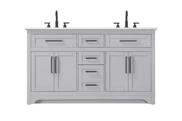 Specification Sheet
Dimensions
Length: 60"
Width: 21.5"
Height: 35"
Counter Top Length: 60"
Counter Top Width: 21.5"
Counter Top Height: 0.75"
Sink Width: 15.375"
Sink Depth: 10.875"
Sink Height: 7"
Sink Drain Hole Size: 1.75"
Faucet Hole Spacing: 4'' Holes"
Specifications
Assembly Required: NO
Base Material: Solid wood and MDF
Counter Top Edge Style: straight
Counter Top Finish: Marble white
Distressed Finish: NO
Drain Assembly Included: NO
Faucet Included: NO
Faucet Type: Widespread
Finish (Color): Grey
Vanity Material: Solid Wood and MDF
Hardware Finish: Black
Harware Material: Aluminum alloy
Number of Faucet Holes: 6
Number of Sinks: 2
Product Shape: Rectangle
Product Type: Bathroom Vanities
Product Warranty: 1 year limited
Sink Mounting Type: Undermount
Vanity Backsplash: NO
Vanity Mounting Type: Free-Standing
249
Wire Included: No
Wood Type: Rubber wood
Shipment type: LTL
Drawers
Drawers Included: yes
Number of Drawers: 5
Drawer Width: dw1: 21.25
dw2: 10.625
dw3: 10.625
dw4: 10.625
Drawer Depth: dw1: 3.625
dw2: 15.125
dw3: 15.125
dw4: 15.125
Drawer Height: dw1: 5.625
dw2: 5.625
dw3: 6.25
dw4: 12.625
Drawer Handle Designs: pull
Shelves
Number of Shelves: 2
Shelf Width: 21
Cabinets
Number of Cabinets: 2
Cabinet Interior Width: 21
Cabinet Interior Depth: 16.875
Cabinet Interior Height: 19