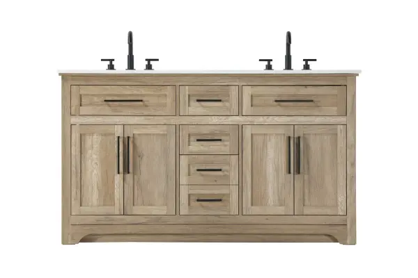 Specification Sheet
Dimensions
Length: 60"
Width: 21.5"
Height: 35"
Counter Top Length: 60"
Counter Top Width: 21.5"
Counter Top Height: 0.75"
Sink Width: 15.375"
Sink Depth: 10.875"
Sink Height: 7"
Sink Drain Hole Size: 1.75"
Faucet Hole Spacing: 4'' Holes"
Specifications
Assembly Required: NO
Base Material: Solid wood and MDF
Counter Top Edge Style: straight
Counter Top Finish: Marble white
Distressed Finish: NO
Drain Assembly Included: NO
Faucet Included: NO
Faucet Type: Widespread
Finish (Color): Natural Oak
Vanity Material: Solid Wood and MDF
Hardware Finish: Black
Harware Material: Aluminum alloy
Number of Faucet Holes: 6
Number of Sinks: 2
Product Shape: Rectangle
Product Type: Bathroom Vanities
Product Warranty: 1 year limited
Sink Mounting Type: Undermount
Vanity Backsplash: NO
Vanity Mounting Type: Free-Standing
273
Wire Included: No
Wood Type: Rubber wood
Shipment type: LTL
Drawers
Drawers Included: yes
Number of Drawers: 5
Drawer Width: dw1: 21.25
dw2: 10.625
dw3: 10.625
dw4: 10.625
Drawer Depth: dw1: 3.625
dw2: 15.125
dw3: 15.125
dw4: 15.125
Drawer Height: dw1: 5.625
dw2: 5.625
dw3: 6.25
dw4: 12.625
Drawer Handle Designs: pull
Shelves
Number of Shelves: 2
Shelf Width: 21
Cabinets
Number of Cabinets: 2
Cabinet Interior Width: 21
Cabinet Interior Depth: 16.875
Cabinet Interior Height: 19
