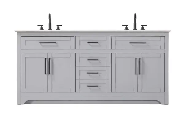 Specification Sheet
Dimensions
Length: 72"
Width: 21.5"
Height: 35"
Counter Top Length: 72"
Counter Top Width: 21.5"
Counter Top Height: 0.75"
Sink Width: 15.375"
Sink Depth: 10.875"
Sink Height: 7"
Sink Drain Hole Size: 1.75"
Faucet Hole Spacing: 4'' Holes"
Specifications
Assembly Required: NO
Base Material: Solid wood and MDF
Counter Top Edge Style: straight
Counter Top Finish: Marble white
Distressed Finish: NO
Drain Assembly Included: NO
Faucet Included: NO
Faucet Type: Widespread
Finish (Color): Grey
Vanity Material: Solid Wood and MDF
Hardware Finish: Black
Harware Material: Aluminum alloy
Number of Faucet Holes: 6
Number of Sinks: 2
Product Shape: Rectangle
Product Type: Bathroom Vanities
Product Warranty: 1 year limited
Sink Mounting Type: Undermount
Vanity Backsplash: NO
Vanity Mounting Type: Free-Standing
286
Wire Included: No
Wood Type: Rubber wood
Shipment type: LTL
Drawers
Drawers Included: yes
Number of Drawers: 5
Drawer Width: dw1: 26.125
dw2: 13
dw3: 13
dw4: 13
Drawer Depth: dw1: 3.625
dw2: 15.125
dw3: 15.125
dw4: 15.125
Drawer Height: dw1: 5.625
dw2: 5.625
dw3: 6.25
dw4: 12.625
Drawer Handle Designs: pull
Shelves
Number of Shelves: 2
Shelf Width: 26
Cabinets
Number of Cabinets: 2
Cabinet Interior Width: 26
Cabinet Interior Depth: 16.875
Cabinet Interior Height: 19