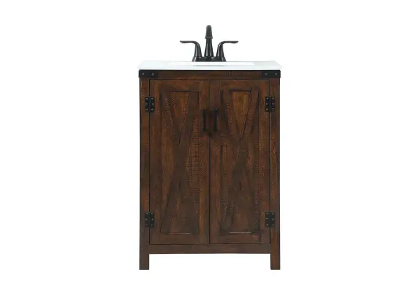 Reminiscent of barn doors, the 2 door cabinet adds both stylistic charm and function with its plethora of storage options for all your bathroom essentials. Whether for your bathroom or the guests', everyone will marvel at its classic look for traditional and farmhouse aesthetics. A slab of engineered marble rounds out the piece up top, as well as the porcelain under mount sink and predrilled faucet holes. This vanity arrives fully assembled. Collection: Grant Rooms: bathroom Finish: expresso Width: 19.00" Height: 34.00" Length: 24.00" Weight: 83.00 lb Material: MDF Country of Origin: Malaysia Manufacturer Warranty: 1 year limited
