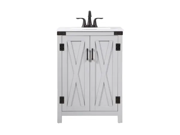 Reminiscent of barn doors, the 2 door cabinet adds both stylistic charm and function with its plethora of storage options for all your bathroom essentials. Whether for your bathroom or the guests', everyone will marvel at its classic look for traditional and farmhouse aesthetics. A slab of engineered marble rounds out the piece up top, as well as the porcelain under mount sink and predrilled faucet holes. This vanity arrives fully assembled. Collection: Grant Rooms: bathroom Finish: grey Width: 19.00" Height: 34.00" Length: 24.00" Weight: 83.00 lb Material: MDF Country of Origin: Malaysia Manufacturer Warranty: 1 year limited