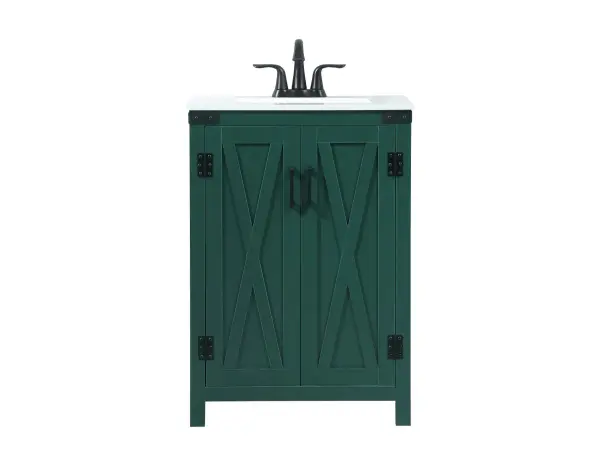 Reminiscent of barn doors, the 2 door cabinet adds both stylistic charm and function with its plethora of storage options for all your bathroom essentials. Whether for your bathroom or the guests', everyone will marvel at its classic look for traditional and farmhouse aesthetics. A slab of engineered marble rounds out the piece up top, as well as the porcelain under mount sink and predrilled faucet holes. This vanity arrives fully assembled. Collection: Grant Rooms: bathroom Finish: green Width: 19.00" Height: 34.00" Length: 24.00" Weight: 83.00 lb Material: MDF Country of Origin: Malaysia Manufacturer Warranty: 1 year limited