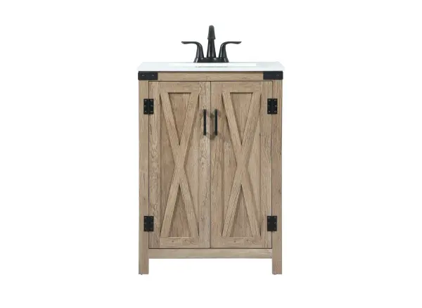 Reminiscent of barn doors, the 2 door cabinet adds both stylistic charm and function with its plethora of storage options for all your bathroom essentials. Whether for your bathroom or the guests', everyone will marvel at its classic look for traditional and farmhouse aesthetics. A slab of engineered marble rounds out the piece up top, as well as the porcelain under mount sink and predrilled faucet holes. This vanity arrives fully assembled. Collection: Grant Rooms: bathroom Finish: natural oak Width: 19.00" Height: 34.00" Length: 24.00" Weight: 83.00 lb Material: MDF Country of Origin: Malaysia Manufacturer Warranty: 1 year limited