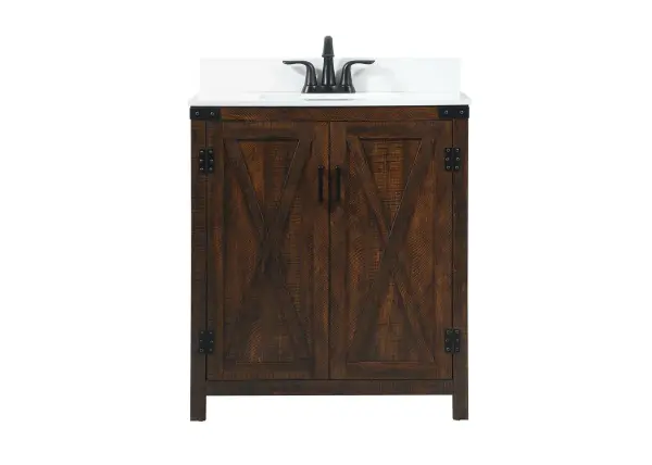 The Grant vanity brings rustic farmhouse style to smaller bathrooms with its barn door-inspired cabinet design. Engineered marble top and undermount sink provide durability, while the espresso finish adds warmth.