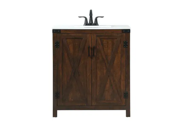 Reminiscent of barn doors, the 2 door cabinet adds both stylistic charm and function with its plethora of storage options for all your bathroom essentials. Whether for your bathroom or the guests', everyone will marvel at its classic look for traditional and farmhouse aesthetics. A slab of engineered marble rounds out the piece up top, as well as the porcelain under mount sink and predrilled faucet holes. This vanity arrives fully assembled. Collection: Grant Rooms: bathroom Finish: expresso Width: 19.00" Height: 34.00" Length: 30.00" Weight: 96.00 lb Material: MDF Country of Origin: Malaysia Manufacturer Warranty: 1 year limited