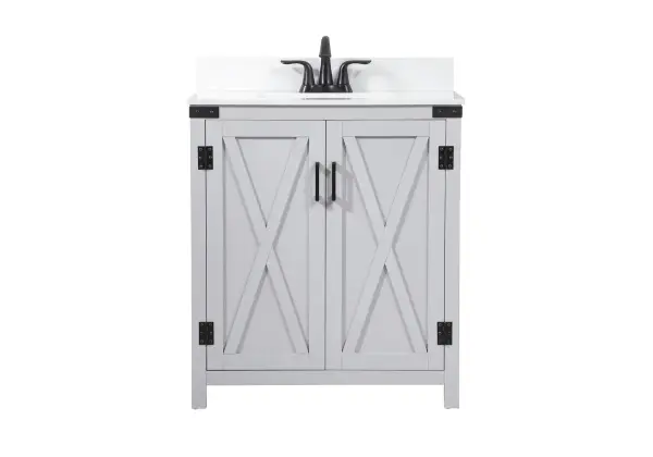 Reminiscent of barn doors, the 2 door cabinet adds both stylistic charm and function with its plethora of storage options for all your bathroom essentials. Whether for your bathroom or the guests', everyone will marvel at its classic look for traditional and farmhouse aesthetics. A slab of engineered marble rounds out the piece up top, as well as the porcelain under mount sink and predrilled faucet holes. This vanity arrives fully assembled. Comes with a matching backsplash to complete the look and protects your wall. Collection: Grant Rooms: bathroom Finish: grey Width: 19.00" Height: 34.00" Length: 30.00" Weight: 104.00 lb Material: MDF Country of Origin: Malaysia Manufacturer Warranty: 1 year limited