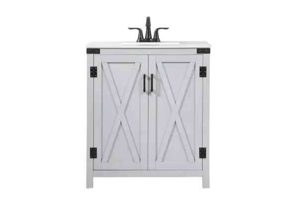 Reminiscent of barn doors, the 2 door cabinet adds both stylistic charm and function with its plethora of storage options for all your bathroom essentials. Whether for your bathroom or the guests', everyone will marvel at its classic look for traditional and farmhouse aesthetics. A slab of engineered marble rounds out the piece up top, as well as the porcelain under mount sink and predrilled faucet holes. This vanity arrives fully assembled. Collection: Grant Rooms: bathroom Finish: grey Width: 19.00" Height: 34.00" Length: 30.00" Weight: 96.00 lb Material: MDF Country of Origin: Malaysia Manufacturer Warranty: 1 year limited