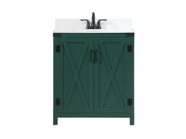Reminiscent of barn doors, the 2 door cabinet adds both stylistic charm and function with its plethora of storage options for all your bathroom essentials. Whether for your bathroom or the guests', everyone will marvel at its classic look for traditional and farmhouse aesthetics. A slab of engineered marble rounds out the piece up top, as well as the porcelain under mount sink and predrilled faucet holes. This vanity arrives fully assembled. Comes with a matching backsplash to complete the look and protects your wall. Collection: Grant Rooms: bathroom Finish: green Width: 19.00" Height: 34.00" Length: 30.00" Weight: 104.00 lb Material: MDF Country of Origin: Malaysia Manufacturer Warranty: 1 year limited