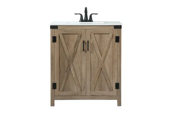 Reminiscent of barn doors, the 2 door cabinet adds both stylistic charm and function with its plethora of storage options for all your bathroom essentials. Whether for your bathroom or the guests', everyone will marvel at its classic look for traditional and farmhouse aesthetics. A slab of engineered marble rounds out the piece up top, as well as the porcelain under mount sink and predrilled faucet holes. This vanity arrives fully assembled. Collection: Grant Rooms: bathroom Finish: natural oak Width: 19.00" Height: 34.00" Length: 30.00" Weight: 96.00 lb Material: MDF Country of Origin: Malaysia Manufacturer Warranty: 1 year limited